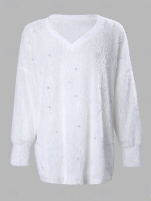 Chic Oversized Plain V Neck Long Sleeve Blouse - Image 11