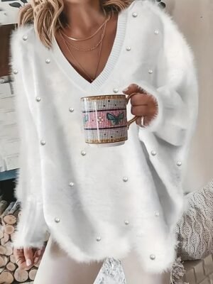 Chic Oversized Plain V Neck Long Sleeve Blouse - Image 8