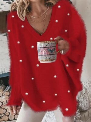 Chic Oversized Plain V Neck Long Sleeve Blouse - Image 9