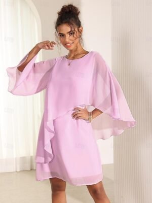 Chic Relaxed Fit Pastel Pink Round Neck Batwing Sleeve Above Knee Dress - Image 11