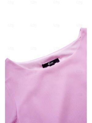 Chic Relaxed Fit Pastel Pink Round Neck Batwing Sleeve Above Knee Dress - Image 20