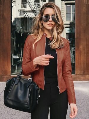 Chic Slim Solid Faux Fur Trim Long Sleeve Faux Leather Jacket - Image 3
