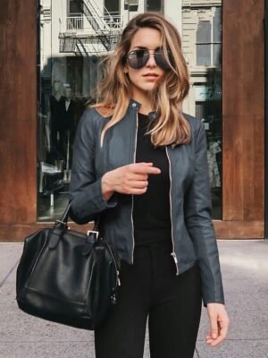 Chic Slim Solid Faux Fur Trim Long Sleeve Faux Leather Jacket - Image 5