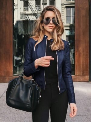 Chic Slim Solid Faux Fur Trim Long Sleeve Faux Leather Jacket - Image 6