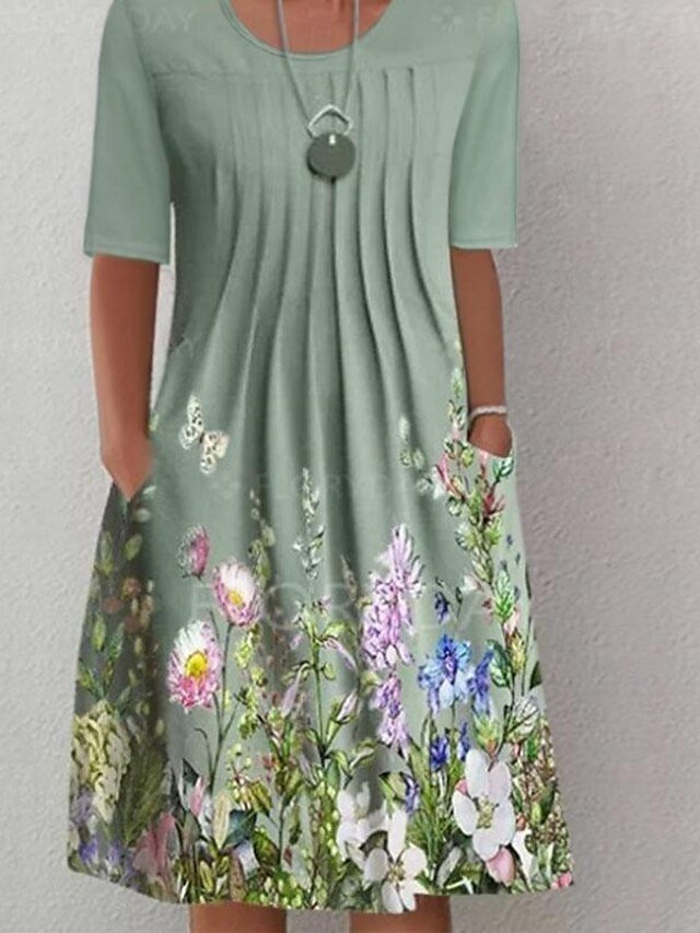 Classic Casual Floral Ruched Crew Neck Short Sleeve Midi Dress - Image 1