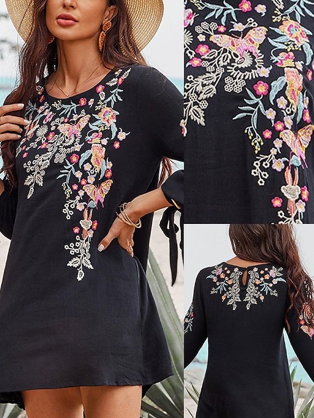 Classic Flowy Floral Crew Neck Long Sleeve Mini Dress - Image 2