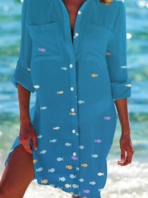 Classic Loose Fish Print Shirt Collar Half Sleeve Mini Shirt Dress - Image 2