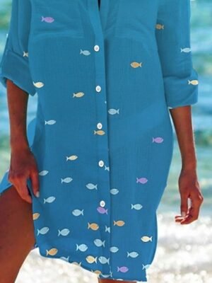 Classic Loose Fish Print Shirt Collar Half Sleeve Mini Shirt Dress - Image 3