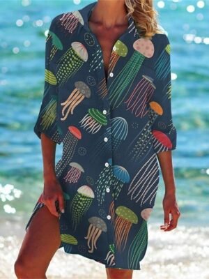 Classic Loose Fish Print Shirt Collar Half Sleeve Mini Shirt Dress - Image 4