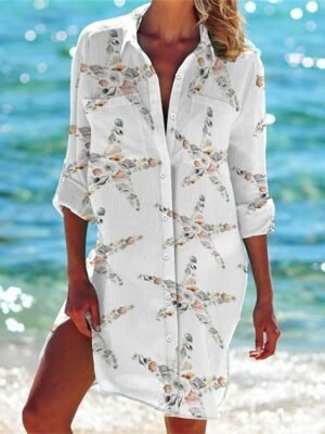 Classic Loose Fish Print Shirt Collar Half Sleeve Mini Shirt Dress - Image 5