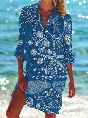 Classic Loose Fish Print Shirt Collar Half Sleeve Mini Shirt Dress - Image 6