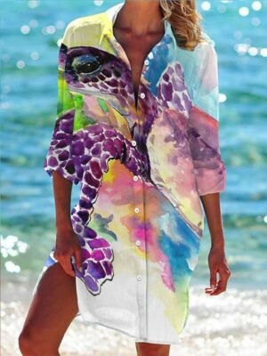 Classic Loose Fish Print Shirt Collar Half Sleeve Mini Shirt Dress - Image 7