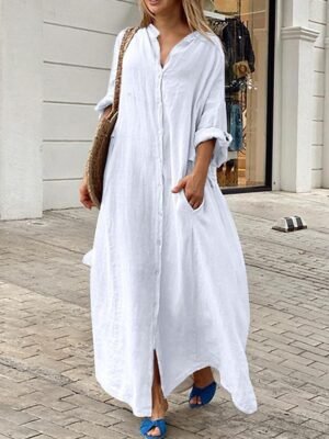 Classic Loose Fit Plain Stand Collar Long Sleeve Maxi Dress - Image 1