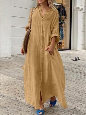 Classic Loose Fit Plain Stand Collar Long Sleeve Maxi Dress - Image 10