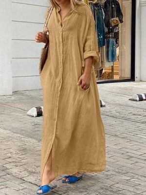 Classic Loose Fit Plain Stand Collar Long Sleeve Maxi Dress - Image 11