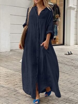 Classic Loose Fit Plain Stand Collar Long Sleeve Maxi Dress - Image 12