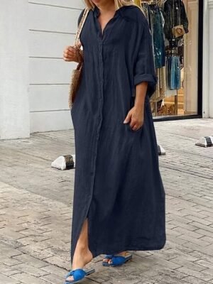 Classic Loose Fit Plain Stand Collar Long Sleeve Maxi Dress - Image 13