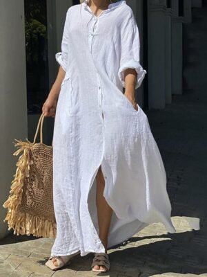 Classic Loose Fit Plain Stand Collar Long Sleeve Maxi Dress - Image 4
