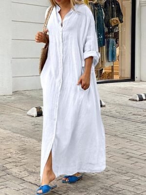 Classic Loose Fit Plain Stand Collar Long Sleeve Maxi Dress - Image 5