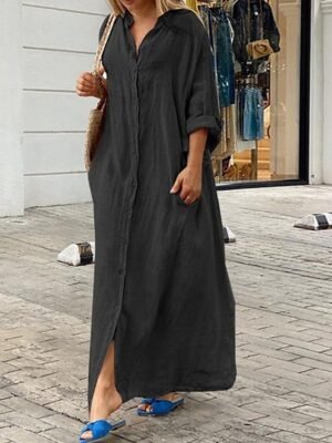 Classic Loose Fit Plain Stand Collar Long Sleeve Maxi Dress - Image 6