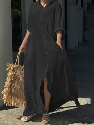 Classic Loose Fit Plain Stand Collar Long Sleeve Maxi Dress - Image 7