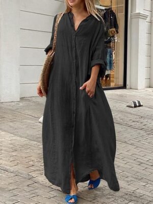 Classic Loose Fit Plain Stand Collar Long Sleeve Maxi Dress - Image 8