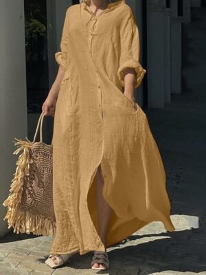 Classic Loose Fit Plain Stand Collar Long Sleeve Maxi Dress - Image 9