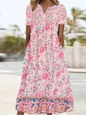 Classic Loose Floral V Neck Short Sleeve Midi Dress - Image 1