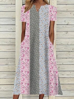 Classic Loose Floral V Neck Short Sleeve Midi Dress - Image 10