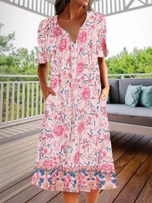 Classic Loose Floral V Neck Short Sleeve Midi Dress - Image 3