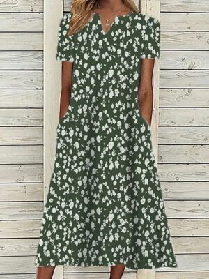 Classic Loose Floral V Neck Short Sleeve Midi Dress - Image 4
