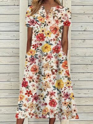 Classic Loose Floral V Neck Short Sleeve Midi Dress - Image 5