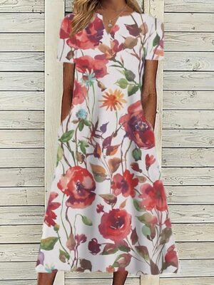 Classic Loose Floral V Neck Short Sleeve Midi Dress - Image 6