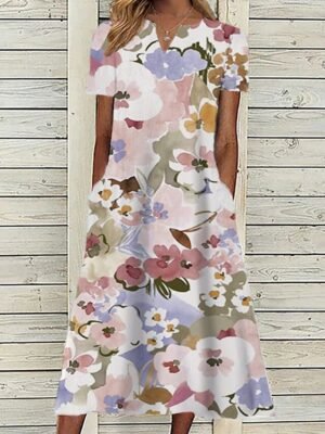 Classic Loose Floral V Neck Short Sleeve Midi Dress - Image 7