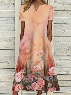 Classic Loose Floral V Neck Short Sleeve Midi Dress - Image 9