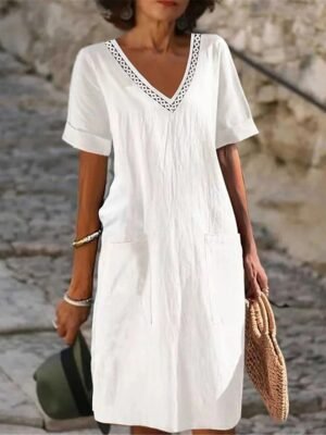 Classic Loose Plain V Neck Midi Dress - Image 1