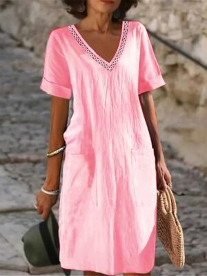 Classic Loose Plain V Neck Midi Dress - Image 4