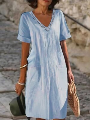 Classic Loose Plain V Neck Midi Dress - Image 5