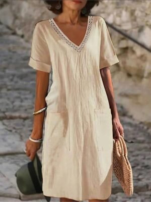 Classic Loose Plain V Neck Midi Dress - Image 6