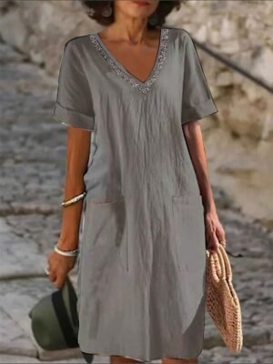 Classic Loose Plain V Neck Midi Dress - Image 7