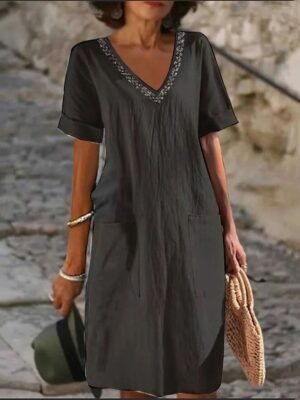 Classic Loose Plain V Neck Midi Dress - Image 8