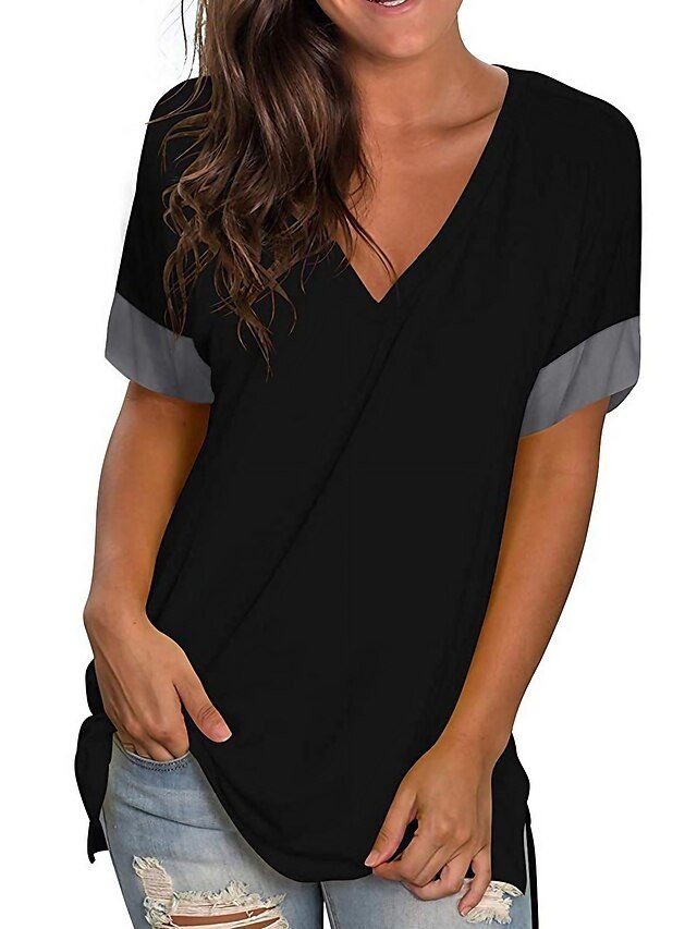 Classic Loose Solid V Neck Short Sleeve Blouse - Image 1