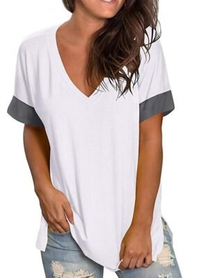 Classic Loose Solid V Neck Short Sleeve Blouse - Image 2