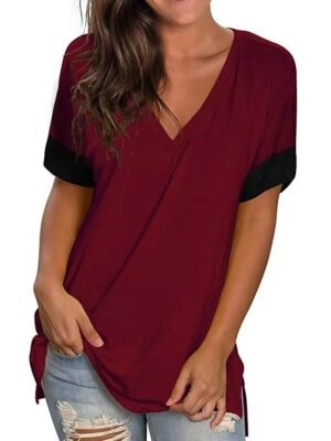 Classic Loose Solid V Neck Short Sleeve Blouse - Image 4