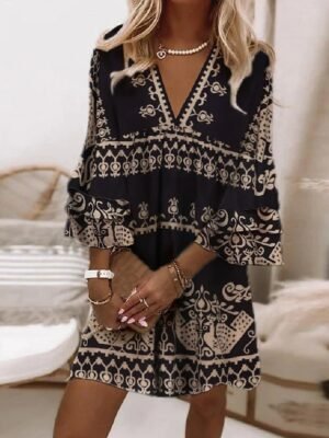 Classic Regular Fit Animal Print V Neck 3/4 Sleeve Mini Dress - Image 1