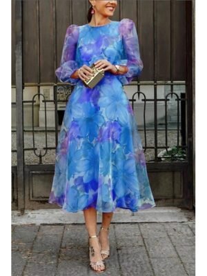 Classic Regular Fit Floral Crew Neck Puff Sleeve Midi Dress - Image 1