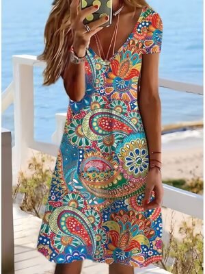Classic Regular Fit Floral Paisley V Neck Short Sleeve Mini Dress - Image 1