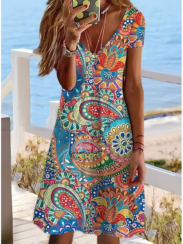 Classic Regular Fit Floral Paisley V Neck Short Sleeve Mini Dress - Image 1