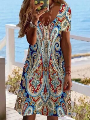 Classic Regular Fit Floral Paisley V Neck Short Sleeve Mini Dress - Image 3