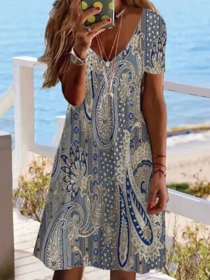 Classic Regular Fit Floral Paisley V Neck Short Sleeve Mini Dress - Image 4